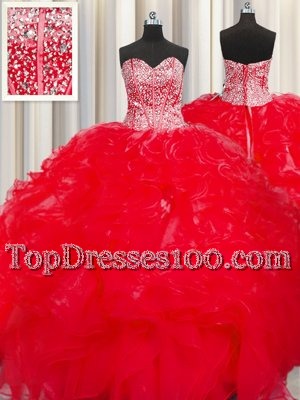 Fabulous Visible Boning Beaded Bodice Ball Gowns Quinceanera Gowns Red Sweetheart Organza Sleeveless Floor Length Lace Up