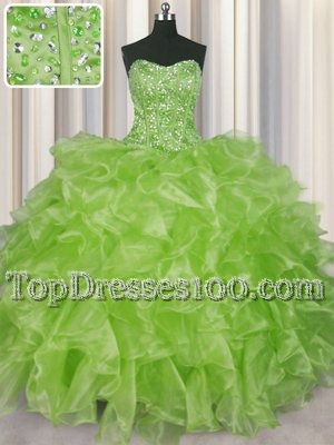 Rust Red Organza Lace Up Strapless Sleeveless Sweet 16 Dress Sweep Train Beading and Ruffles