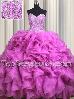 Dynamic Visible Boning Beading and Ruffles Quinceanera Dress Dark Purple Lace Up Sleeveless With Brush Train