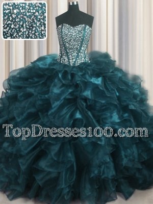 Custom Designed Visible Boning Bling-bling Teal Sweetheart Lace Up Beading and Ruffles Quinceanera Gown Brush Train Sleeveless