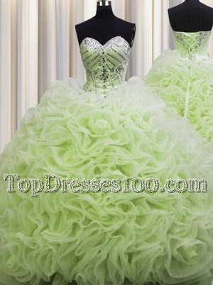 Inexpensive Brush Train Yellow Green Ball Gowns Fabric With Rolling Flowers Sweetheart Sleeveless Beading and Pick Ups Floor Length Lace Up 15 Quinceanera Dress