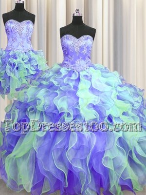 Low Price Three Piece Multi-color Ball Gowns Sweetheart Sleeveless Organza Floor Length Lace Up Beading and Appliques and Ruffles Sweet 16 Quinceanera Dress