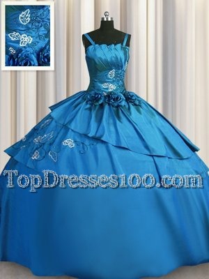 Teal Ball Gowns Spaghetti Straps Sleeveless Satin Floor Length Lace Up Beading and Embroidery 15 Quinceanera Dress