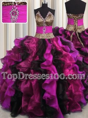 Leopard V-neck Sleeveless Lace Up Sweet 16 Quinceanera Dress Multi-color Organza