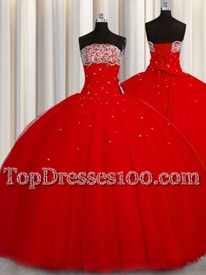 Puffy Skirt Red Strapless Lace Up Beading and Sequins Quince Ball Gowns Sleeveless