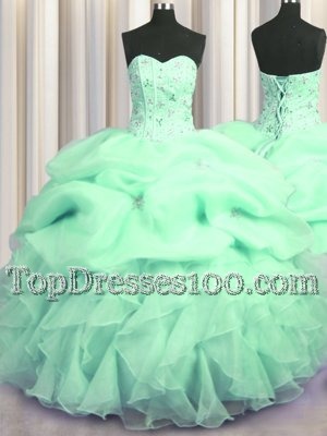 Visible Boning Apple Green 15th Birthday Dress Military Ball and Sweet 16 and Quinceanera and For with Beading and Ruffles Sweetheart Sleeveless Lace Up