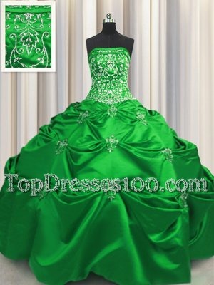 Dynamic Taffeta Strapless Sleeveless Lace Up Beading and Appliques and Embroidery Sweet 16 Quinceanera Dress in Green