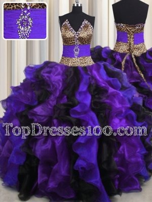 Stylish Leopard V Neck Sleeveless Floor Length Beading and Ruffles Lace Up Sweet 16 Dresses with Multi-color