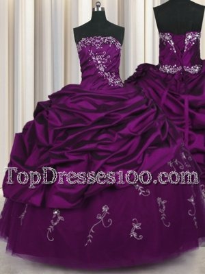 Purple Ball Gowns Strapless Sleeveless Taffeta Floor Length Lace Up Beading and Embroidery and Pick Ups Sweet 16 Dresses