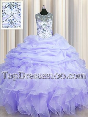 Delicate See Through Organza Scoop Sleeveless Lace Up Beading and Ruffles and Pick Ups Quinceanera Gowns in Lavender