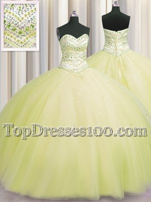 Amazing Bling-bling Puffy Skirt Light Yellow Sleeveless Tulle Lace Up Quinceanera Gown for Military Ball and Sweet 16 and Quinceanera