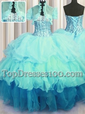 Wonderful Purple Ball Gowns Organza and Taffeta Sweetheart Sleeveless Beading and Appliques and Ruffles Floor Length Lace Up 15 Quinceanera Dress