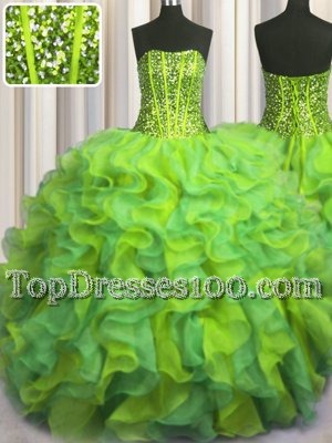 Simple Visible Boning Beaded Bodice Beading and Ruffles Quinceanera Dress Multi-color Lace Up Sleeveless Floor Length