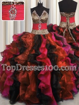 Adorable Leopard V Neck Multi-color Sleeveless Floor Length Beading and Ruffles Lace Up 15th Birthday Dress