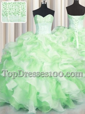 Customized Visible Boning Two Tone Organza Sleeveless Floor Length 15 Quinceanera Dress and Beading and Ruffles