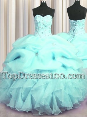 Fancy Visible Boning Beaded Bodice Aqua Blue Organza Lace Up Sweetheart Sleeveless Floor Length Quinceanera Dresses Beading and Ruffles