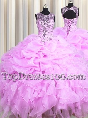 See Through Lilac Organza Lace Up Scoop Sleeveless Floor Length Vestidos de Quinceanera Beading and Ruffles and Pick Ups