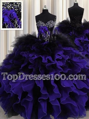 Beauteous Black And Purple Ball Gowns Organza and Tulle Sweetheart Sleeveless Beading and Ruffles Floor Length Lace Up 15th Birthday Dress