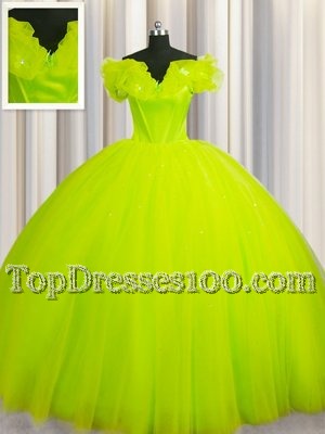 Off The Shoulder Yellow Green Short Sleeves Court Train Ruching With Train 15 Quinceanera Dress