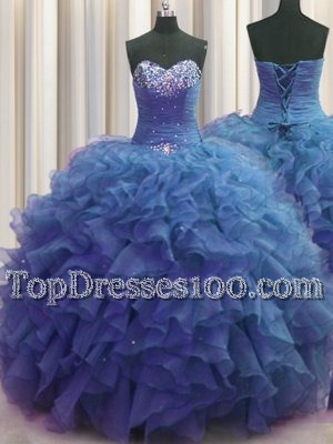 Beaded Bust Blue Ball Gowns Beading and Ruffles Quinceanera Gown Lace Up Organza Sleeveless Floor Length