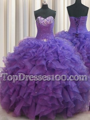 Beaded Bust Purple Sleeveless Floor Length Beading and Ruffles Lace Up Quinceanera Gowns