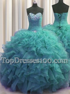 Beaded Bust Turquoise Organza Lace Up Sweetheart Sleeveless Floor Length Sweet 16 Quinceanera Dress Beading and Ruffles