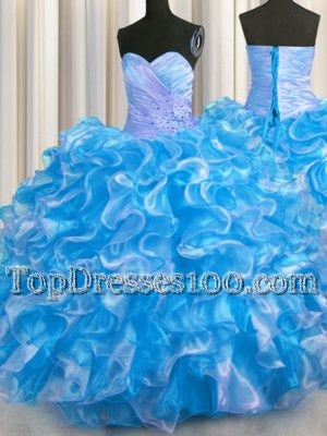 Affordable Scoop See Through Organza Sleeveless Floor Length Vestidos de Quinceanera and Beading and Ruffles and Pick Ups