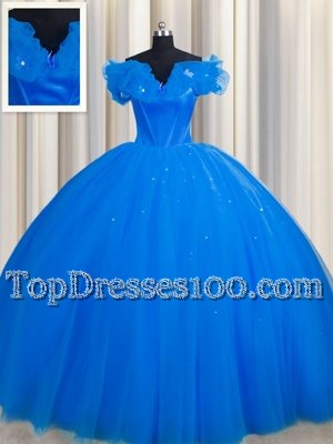 With Train Royal Blue Quinceanera Gown Off The Shoulder Short Sleeves Court Train Lace Up