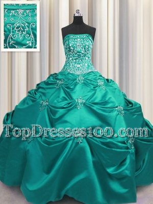 Latest Dark Green Taffeta Lace Up 15th Birthday Dress Sleeveless Floor Length Beading and Appliques and Embroidery