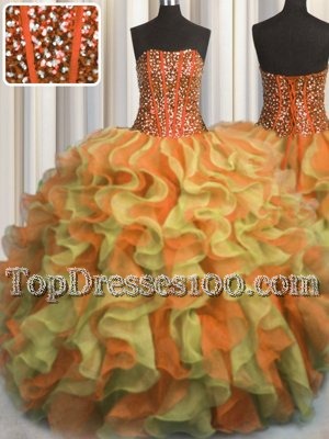 Vintage Visible Boning Beaded Bodice Multi-color Sleeveless Organza Lace Up Sweet 16 Quinceanera Dress for Military Ball and Sweet 16 and Quinceanera