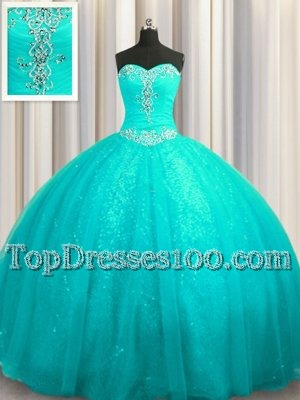 Low Price Sequined Lace Up Quinceanera Dress Aqua Blue and In for Military Ball and Sweet 16 and Quinceanera with Beading and Appliques Court Train