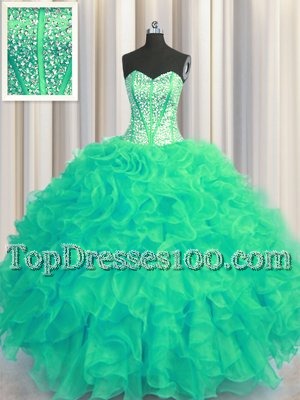 Customized Visible Boning Beaded Bodice Sweetheart Sleeveless 15th Birthday Dress Floor Length Beading and Ruffles Turquoise Organza
