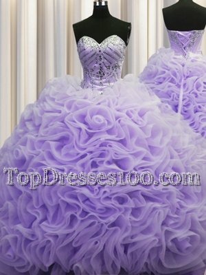 Decent Lavender Ball Gowns Sweetheart Sleeveless Fabric With Rolling Flowers Brush Train Lace Up Beading and Pick Ups 15 Quinceanera Dress