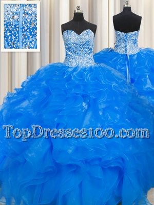 Sexy Visible Boning Beaded Bodice Sleeveless Beading and Ruffles Lace Up Quinceanera Dresses