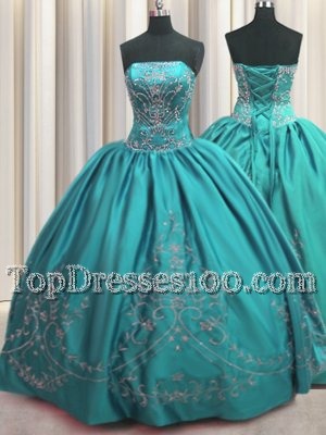 Taffeta Strapless Sleeveless Lace Up Beading and Embroidery Quinceanera Dresses in Teal
