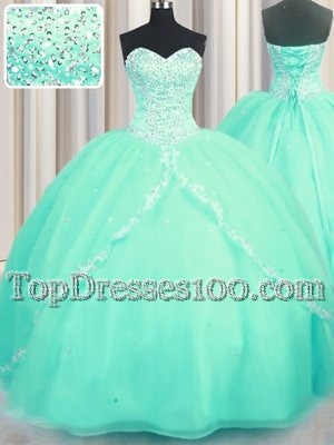Glamorous Turquoise Organza Lace Up Quinceanera Dresses Sleeveless With Brush Train Beading and Appliques