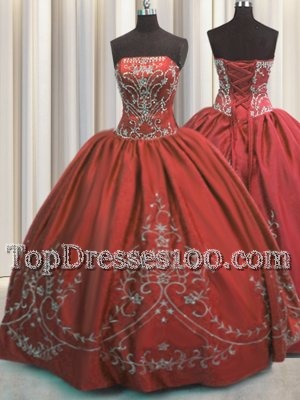 Taffeta Strapless Sleeveless Lace Up Beading and Embroidery Quince Ball Gowns in Wine Red
