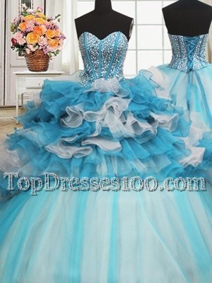 Visible Boning Beaded Bodice Floor Length Lace Up Sweet 16 Dresses Blue And White and In for Military Ball and Sweet 16 and Quinceanera with Beading and Ruffled Layers