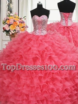 Beaded Bodice Sweetheart Sleeveless Organza 15 Quinceanera Dress Beading and Ruffles Lace Up