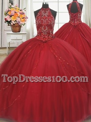 Halter Top Sleeveless Court Train Beading and Appliques Lace Up Sweet 16 Dress