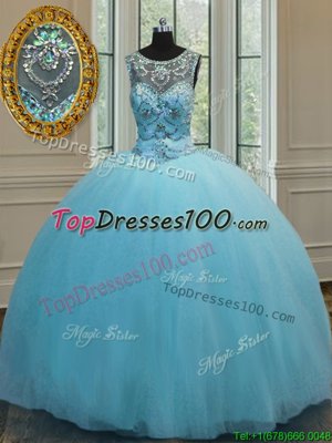 Adorable Baby Blue Ball Gowns Tulle Scoop Sleeveless Beading Floor Length Lace Up Vestidos de Quinceanera