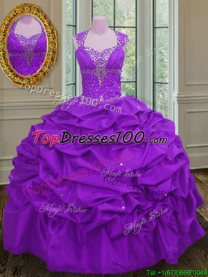 Straps Straps Floor Length Purple Quinceanera Dress Taffeta Sleeveless Beading and Pick Ups