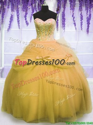 Fashion Gold Ball Gowns Beading and Bowknot Ball Gown Prom Dress Lace Up Tulle Sleeveless Floor Length