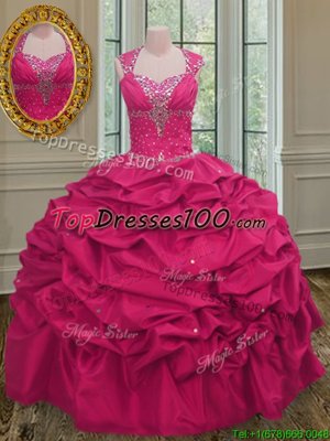 Noble Hot Pink Taffeta Lace Up Straps Sleeveless Floor Length Sweet 16 Dress Beading and Pick Ups