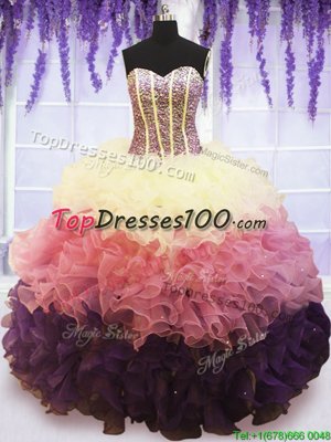 Colorful Floor Length Multi-color Sweet 16 Quinceanera Dress Organza Sleeveless Beading and Ruffles and Ruffled Layers