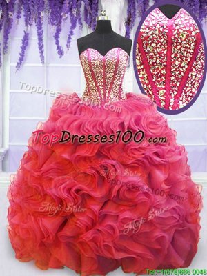 Amazing Coral Red Sleeveless Beading and Ruffles 15 Quinceanera Dress