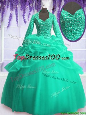 Lovely Organza V-neck Long Sleeves Zipper Sequins and Pick Ups Vestidos de Quinceanera in Turquoise