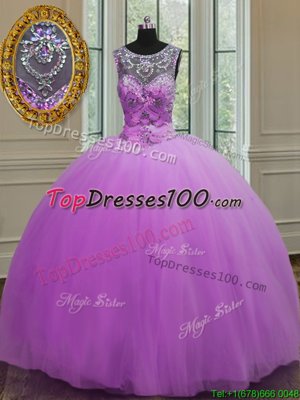 Unique Halter Top Purple Ball Gowns Beading Quinceanera Gown Lace Up Tulle Sleeveless Floor Length