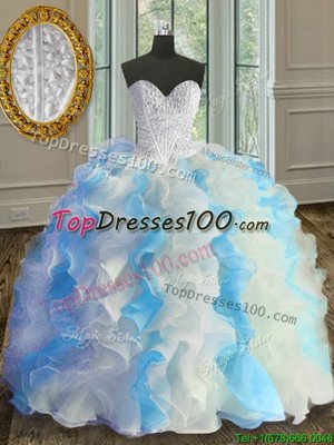 Fitting Blue And White Sleeveless Organza Lace Up Quinceanera Dresses for Military Ball and Sweet 16 and Quinceanera