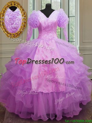 Lilac Organza Zipper Sweet 16 Dress Long Sleeves Floor Length Ruffled Layers